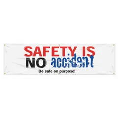 Indoor/outdoor banner made of poly sheeting with one printed side. Nominal sign size is 28 in x 96 in. Suitable for displaying safety messages in industrial facilities, warehouses, and construction sites.