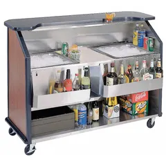 This LAKESIDE portable bar is a mobile serving station suitable for hospitality, catering, and event settings. It features a black finish, one shelf, and overall dimensions of 45 in height, 28 in width, and 63 1/2 in length.