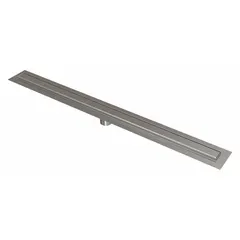 Stainless steel trench drain with satin finish and silver slotted grate. Includes flashing flange. No-hub connection type. Overall height 3 3/8 in. Suitable for commercial showers and wet areas requiring efficient drainage.