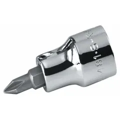 This Phillips bit socket features a #2 tip size and an overall length of 2 3/4 inches. It is designed for driving Phillips-head screws in assembly, maintenance, and repair tasks. The replaceable insert allows for easy tip replacement, extending tool life.