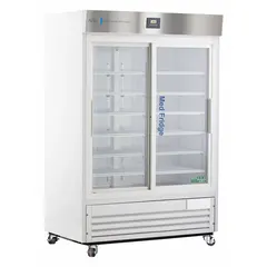 Upright lab refrigerator with 47 cu ft capacity, maintaining 2°C to 7°C. Features a sliding glass door, white exterior, and R-290 refrigerant. Includes temperature alarm. Overall depth 33 1/4 in. Suitable for storage of temperature-sensitive materials in clinical and research environments.