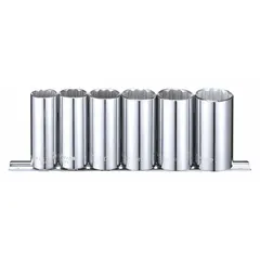 This 6-piece socket set includes 12-point deep sockets in SAE sizes from 11/16 in to 1 in with a 3/8 in drive. The tether-ready design allows attachment of a lanyard to prevent tool drops in elevated or confined workspaces. Suitable for tightening and loosening fasteners in automotive repair, machinery maintenance, and general assembly.