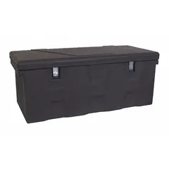 This single-lid utility chest truck box is constructed of black polyethylene for weather and impact resistance. It features a hasp latch type for padlock security and has an overall depth of 19 inches. Suitable for securing tools and equipment in pickup trucks at job sites.
