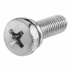 M3x0.50 thread, 10 mm length, steel, zinc-plated, pan head, Phillips drive, #1 drive size. Includes integrated split lock washer for vibration resistance. 25 pieces per pack.