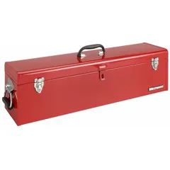 This steel tool box provides a single compartment for storing and organizing hand tools, parts, and equipment. It measures 30 inches wide, 8 inches deep, and 9 inches high, with a red finish. A padlock is included for security during transport or storage in workshops, garages, or job sites.