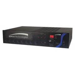 Commercial audio amplifier with 25V/70V output for distributed speaker lines. Operates on 115V AC with 8 ohm impedance. Features TEL input and auxiliary (1/8 in), RCA, and XLR outputs. Includes IR remote control. Suitable for paging and background music in commercial settings.
