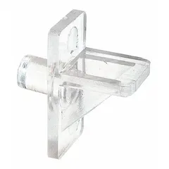 Clear plastic shelf supports for holding lightweight shelves in cabinets, closets, or display units. Each support measures 29/32 in length and 63/64 in height, with a 5 lb capacity. Sold in an 8-pack for multiple shelf installations.