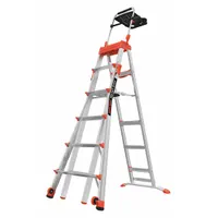 Aluminum staircase multifunction ladder weighing 31 lb with a 300 lb load capacity. Configures as A-frame, extension, staircase, and scaffold for versatile access in maintenance, electrical, and HVAC tasks