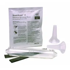 Molded resin splice kit for splicing and insulating electrical cables. Rated for 1000 V maximum and accommodates wire sizes from 22 AWG to 10 AWG. Includes a nonconductive abrasive cloth and is supplied in a closed mixing pouch container.