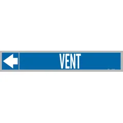 Blue fiberglass pipe markers with white 'Vent' legend and directional arrows, designed for permanent identification of vent piping. Each marker fits pipe outer diameters of 1-1/2 to 2 inches and is supplied with strapping for secure carrier mounting. Pack includes 25 markers.