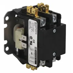 Single-phase, non-reversing definite purpose contactor with 1 normally open main pole. Rated 40 A at 600V AC maximum, with a 24V AC coil. Equipped with quick-disconnect terminals. Suitable for switching loads in HVACR equipment such as compressors and fan motors.