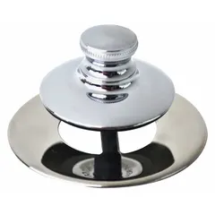 Plastic bathtub drain stopper with chrome-plated finish and push-and-pull operation. Overall diameter 2 7/8 in. Includes silicone adhesive for installation. Suitable for sealing bathtub drains in residential and light commercial plumbing applications.