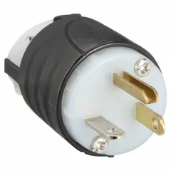 Status-indicating straight blade plug for commercial and industrial power distribution. Rated 125V AC, 20 A, 5-20P configuration with 2 poles and 3 blades. Black/white housing provides visual power status confirmation for maintenance and safety.