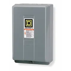 This enclosed mechanically held lighting contactor from SQUARE D features 8 poles, rated 30 A at 120 V AC. It is designed for switching large lighting loads in commercial and industrial facilities, such as parking lots, warehouses, and office buildings. The mechanically held mechanism ensures reliable control of multiple lighting circuits.