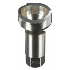 This stainless steel S25 adapter connects PPS series spray gun cups to spray guns. It features a 1/4 in thread size and is used in industrial painting and coating applications.
