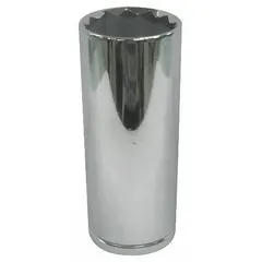 This 1/2" drive hand socket features an 11 mm, 12-point, deep profile for accessing recessed fasteners. Constructed from chrome, it is suitable for tightening or loosening metric hex bolts in automotive, machinery, and industrial applications.