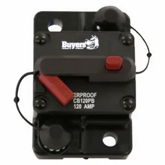 This CB Series Hi-Amp Circuit Breaker is rated for 42V DC with an interrupt rating of 120 A at 42V DC. It features a stud terminal connection for secure installation. Suitable for overcurrent protection in high-current automotive electrical systems.
