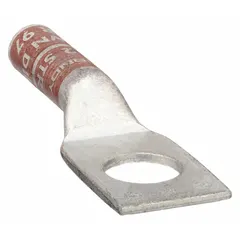 Copper one-hole compression lug for terminating 2 AWG solid or stranded wire. Features a 1/2 in stud size and long barrel configuration. Used in power distribution, panel building, and heavy equipment installations requiring a secure crimp connection.