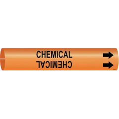 Orange snap-on pipe marker with black 'Chemical' legend and directional arrows. Fits pipe outer diameters from 1-1/2 to 2-3/8 inches. Used to identify chemical piping and indicate flow direction in industrial facilities.