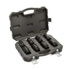 This SAE impact socket set includes sockets ranging from 1 in to 1 1/2 in with a 3/4 in drive. The manganese phosphate finish provides corrosion resistance. Suitable for heavy-duty fastening and loosening tasks on industrial equipment, automotive repair, and construction machinery when used with impact wrenches.