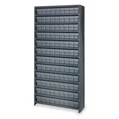Steel frame shelving unit with 108 gray closed-front bins, each 4-5/8 in x 3-3/4 in x 11-5/8 in, on 13 shelves. Suitable for organizing small parts in warehouses, workshops, and manufacturing facilities. One usable side. Part number CL1275-501GY.