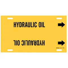Yellow strap-on pipe marker with black legend reading 'Hydraulic Oil' and directional arrows. Fits pipe outer diameters of 10 to 15 inches. Used to identify hydraulic oil lines and indicate flow direction in piping systems.