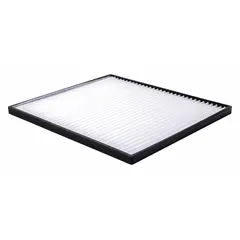 Rectangular panel cabin air filter with paper media for Kenworth vehicles. Traps dust and pollen to maintain clean air inside the cab. Direct replacement for Baldwin Interchange PA30269.