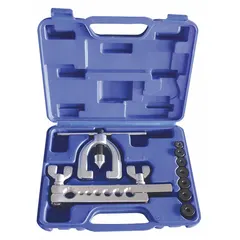 This handheld tube flaring tool is designed for creating double 45-degree flares on aluminum, brass, copper, and steel tubing. With an overall length of 11 13/16 inches, it is suitable for preparing tube ends for leak-proof connections in applications such as brake lines, fuel systems, and refrigeration lines.