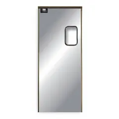 This insulated swinging door features two doors, a gray finish, and a polycarbonate window. Constructed with hardwood and zinc components, it includes bumpers and mounting hardware. Door seals are not included. Suitable for separating temperature-controlled zones in industrial environments.