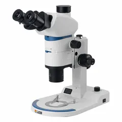 This LAXCO trinocular stereo microscope offers a 0.8X to 10X zoom range with a 10X eyepiece, providing a 23 mm optical field of view. The track-style focusing system ensures precise adjustments, while the 100 mm working distance allows ample space for manipulation. Suitable for inspection, assembly, and quality control tasks in various industrial and laboratory applications.