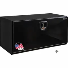 This single drop-down door box from BUYERS PRODUCTS is designed for underbody mounting on trucks and service vehicles. It features a keyed lock for security and an 18-inch overall depth, providing organized storage for tools and equipment. The black finish offers corrosion resistance for outdoor use.