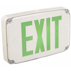 This wet-location-rated exit sign features green LED illumination on two faces, with a white plastic housing and nickel-cadmium battery backup. It operates on 120/277 V AC and is designed for ceiling mounting in areas exposed to moisture, such as commercial and industrial facilities requiring clear egress path marking.
