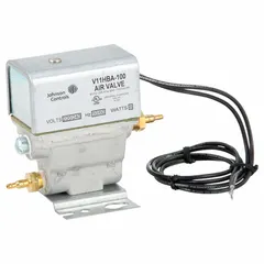 3-way air switching valve with die cast aluminum body. Operates at 110/220V AC, 50/60 Hz, with a maximum operating pressure of 30 psi. Used to control pneumatic actuators in HVAC and industrial automation systems, switching air flow direction based on an electrical signal.