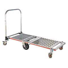 This aluminum-deck platform truck features a folding handle for space-saving storage. The deck measures 61 7/8 in L x 23 1/4 in W x 10 in H and is surfaced with thermoplastic rubber. It is equipped with two rigid casters, each with a 1-1/4 in wheel width. Suitable for transporting heavy loads in industrial and warehouse environments.
