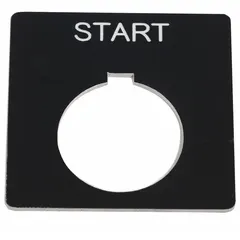 Square non-metallic plastic legend plate for 30 mm panel mounting. Overall height and width of 2 1/4 in. Black body with white 'Start' legend in English. Used to label push-button stations in industrial control panels.