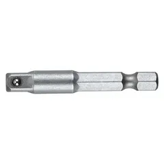 This 1/4" drive hand socket adapter converts a 1/4" drive tool to accept square-drive sockets. It features a black oxide finish and a locking mechanism for secure socket retention. Overall length is 2 inches. Suitable for automotive repair, mechanical maintenance, and assembly tasks.