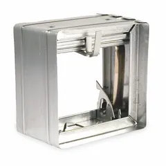 Rectangular fire damper with curtain blade and spring closure, designed for horizontal mounting. Normally open operation; closes automatically upon heat detection to restrict fire spread in HVAC ductwork. Constructed from galvanized steel. Dynamic-rated for use in air-handling systems.
