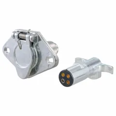 Plastic 4-way flat connector for linking tow vehicle electrical system to trailer lights. Includes dust cover for protection. Suitable for utility trailers, boat trailers, and small RVs.