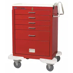 This steel general medical supply cart features a red cabinet and red drawers. It is equipped with two swivel casters and two swivel casters with brakes for maneuverability and stability. Suitable for organizing and transporting supplies in healthcare settings.