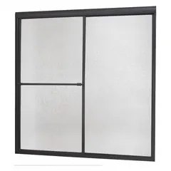 This double sliding bathtub door features a framed design with a 58-inch overall height and 3/16-inch thick Rain Tempered Glass. The Oil Rubbed Bronze finish complements bathroom fixtures. Suitable for enclosing standard bathtub openings in residential bathrooms.