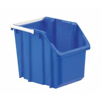 Blue plastic stacking and nesting tote with 40 lb load capacity. Measures 11 5/8 x 14 7/8 x 12 1/2 inches. Used for organizing, transporting, and storing parts and small items in industrial environments such as warehouses and distribution centers. Stacking and nesting design saves space when not in use