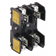 Two-pole open block fuse holder for UL Class RK1 and RK5 fuses. Rated 250 V AC with box lug terminals for secure wiring. Non-indicating type suitable for use in industrial control panels and power distribution systems.