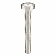 Pan head machine screws with M3.5x0.60 thread, 25 mm length, made from 18-8 stainless steel with plain finish. Phillips drive with #2 drive size. Supplied in a 50-piece pack. Commonly used for fastening components in machinery, electronics, and general assembly applications.