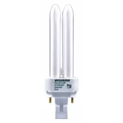 This 13-watt T4 compact fluorescent lamp features a double twin-tube design with a 4-pin G24q-1 base. It is dimmable and produces warm white light at 3000K color temperature. Suitable for general lighting in commercial and industrial fixtures such as recessed troffers, wall sconces, and ceiling-mounted luminaires.