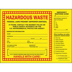 Yellow vinyl label measuring 8 inches wide by 6 inches high, sold in packs of 25. Displays the message 'Federal Laws Prohibit Improper Disposal If Found, Contact The Nearest Police or Public Safety Authority or The U.S. Environmental Protection Agency, Generator Information:' for waste container identification.