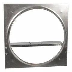 Steel venturi frame designed for wall-mount ventilation fans. Accommodates an 18-inch blade diameter with a 20-1/2 by 20-1/2 inch mounting opening. Includes a slotted motor base for motor installation. Suitable for use in exhaust systems requiring a durable mounting frame.