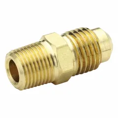 This brass 45-degree flare tube fitting adapter connects 5/8 in OD tubing to threaded ports. It features a flared/threaded connection type and is UL Listed for safety in fluid-handling systems. Suitable for pneumatic, hydraulic, and instrumentation applications.