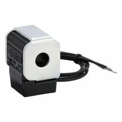 12V DC solenoid coil for hydraulic cartridge valves. Glass-filled Rynite construction with double lead wire configuration. Overall height 1.56 in, width 1.33 in. Used to actuate cartridge valves in fluid power systems.
