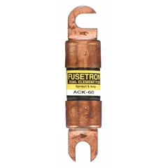 The BUSSMANN ACK-60 is a 60 A, 130 V DC time-delay bolt-on fuse from the ACK Series. It is a general-purpose, non-indicating fuse designed for overcurrent protection in DC circuits. Typical applications include material handling equipment such as forklifts and pallet jacks, where time-delay characteristics accommodate inrush currents.