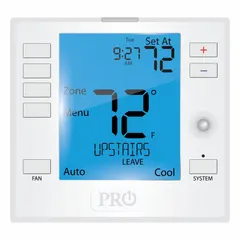Square wireless thermostat for heat and cool applications. Features push-button control, automatic changeover, 7-day programming, and humidification control. Supports 2H/2C conventional or 3H/2C heat pump systems. Temperature control range 41° to 95°F. Terminal designations include RC.